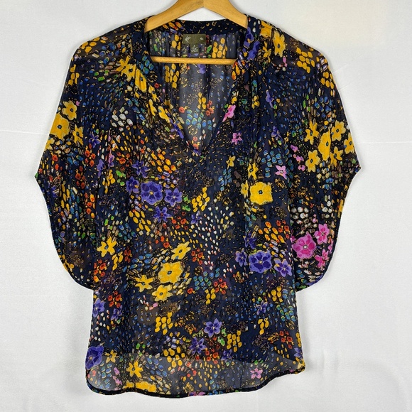 Anthropologie Fei Women Short Sleeve Sheer Silk Blouse Sz 4 Boho Floral Flutter - Picture 1 of 9